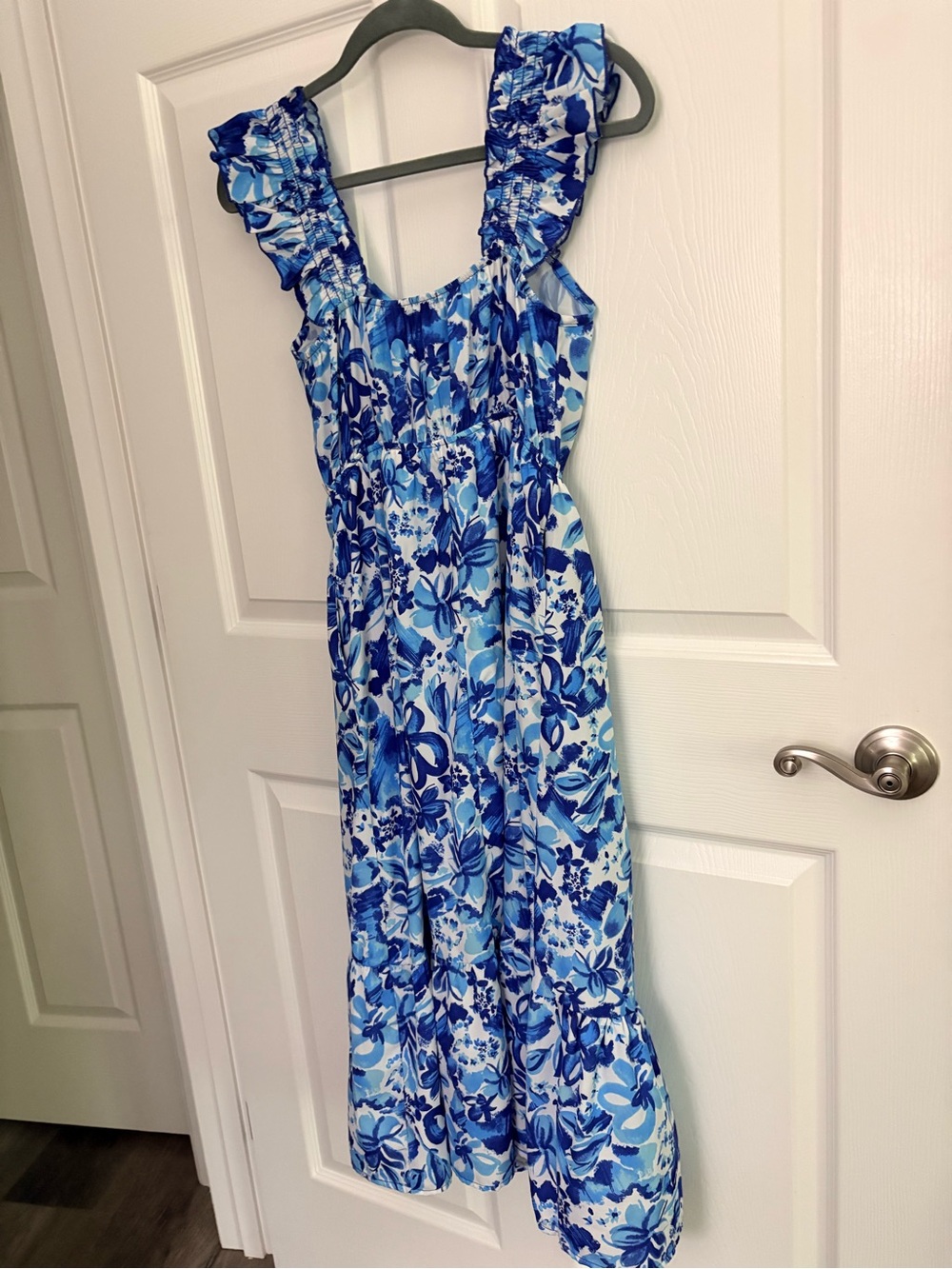 Blue Floral Midi Dress with Ruffle Straps